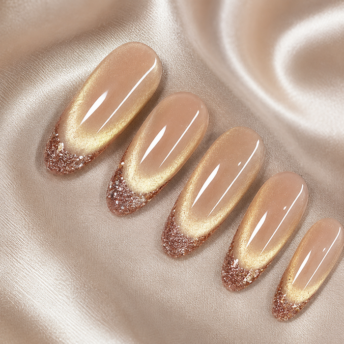 Champagne Gold Glitter French Tip Press On Nails | Almond Bridal Fake Nails