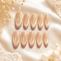 Champagne Gold Glitter French Tip Press On Nails | Almond Bridal Fake Nails