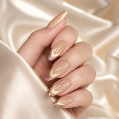 Champagne Gold Glitter French Tip Press On Nails | Almond Bridal Fake Nails
