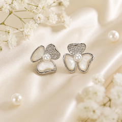Silver Pearl Bow Stud Earrings | Bridal Flower Earrings for Women