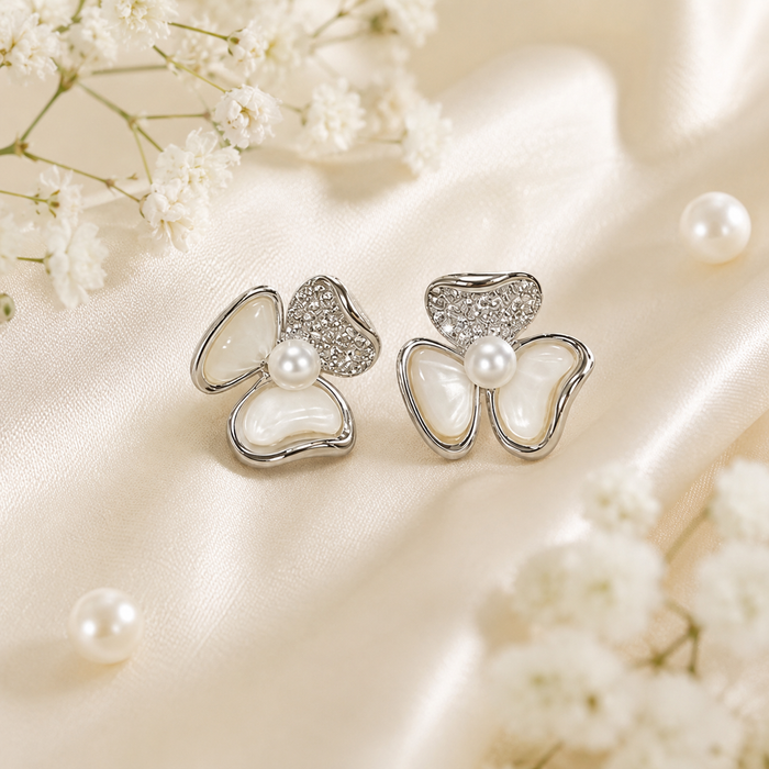 Silver Pearl Bow Stud Earrings | Bridal Flower Earrings for Women