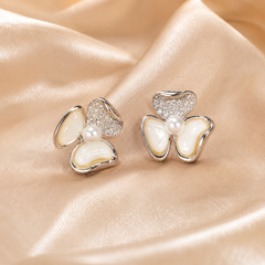 Silver Pearl Bow Stud Earrings | Bridal Flower Earrings for Women