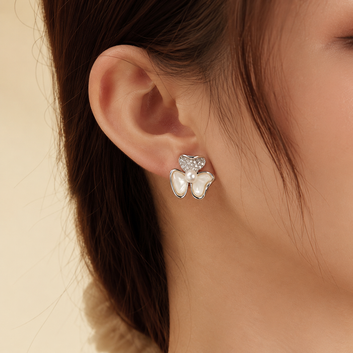 Silver Pearl Bow Stud Earrings | Bridal Flower Earrings for Women