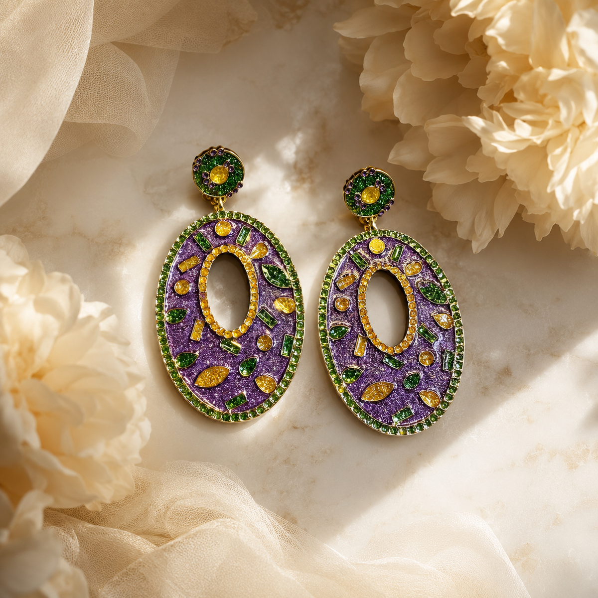 Colorful Rhinestone Statement Earrings | Purple Green Gold Dangle Earrings