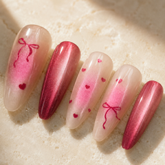 Romantic Bow Heart Cat Eye Press-On Nails