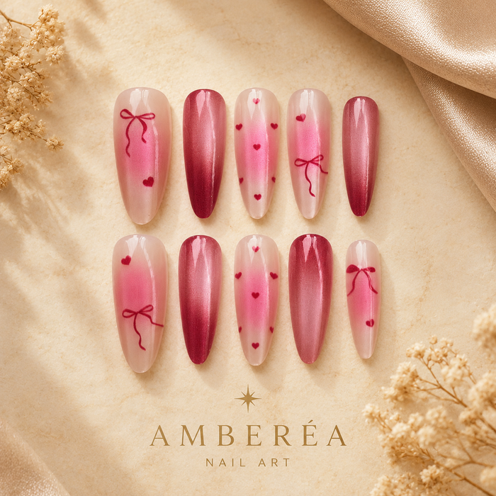Romantic Bow Heart Cat Eye Press-On Nails