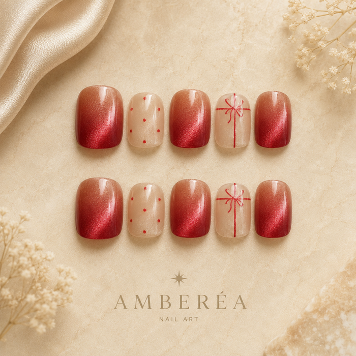Red Ribbon Cat Eye Press-On Nails