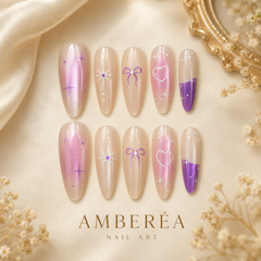 Purple Bow Heart Cat Eye Press-On Nails