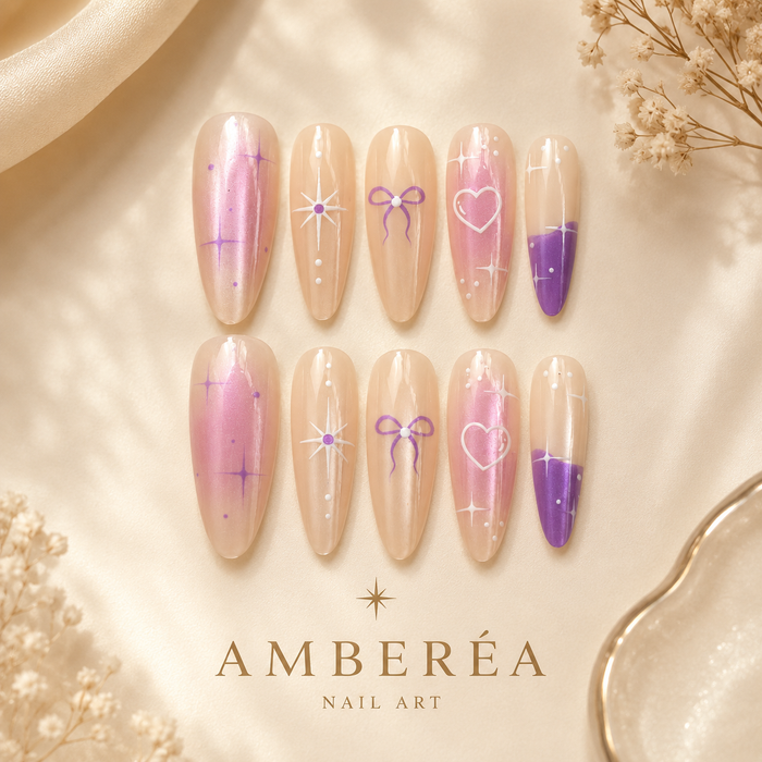 Purple Bow Heart Cat Eye Press-On Nails
