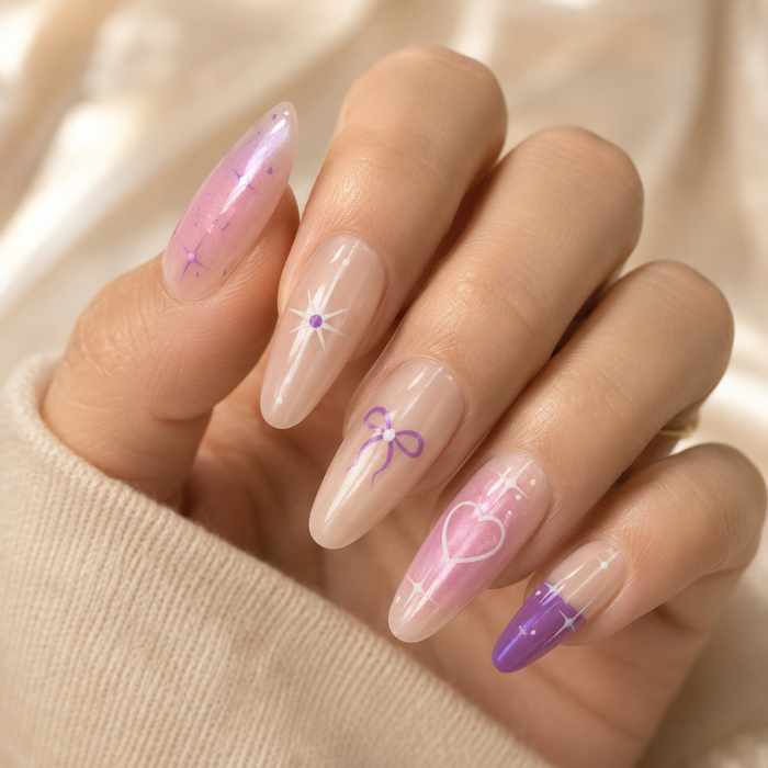Purple Bow Heart Cat Eye Press-On Nails