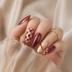 Burgundy Checker Cat Eye Press-On Nails