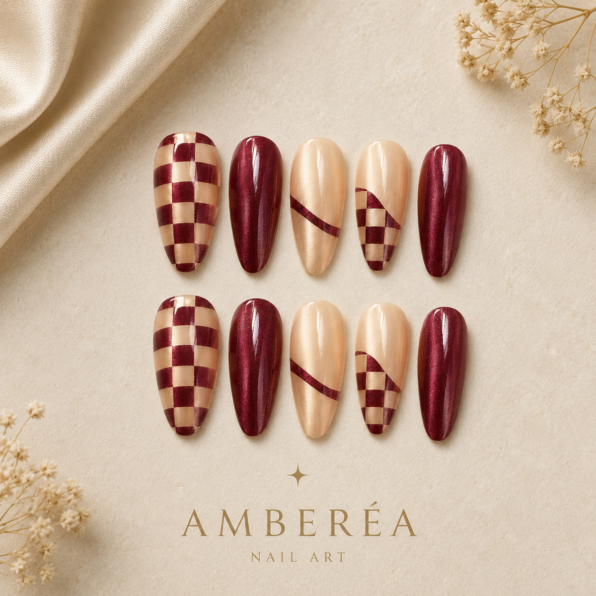 Burgundy Checker Cat Eye Press-On Nails