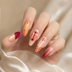 Orange Burgundy Bow Cat Eye Press-On Nails