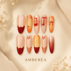 Orange Burgundy Bow Cat Eye Press-On Nails