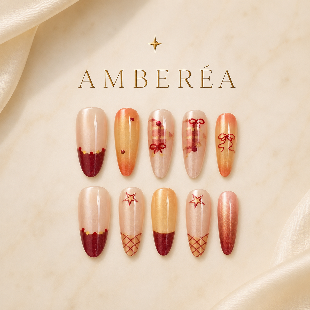 Orange Burgundy Bow Cat Eye Press-On Nails