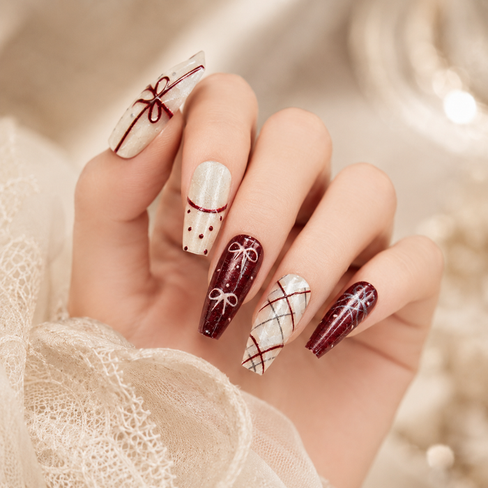 Burgundy Ribbon Plaid Press-On Nails
