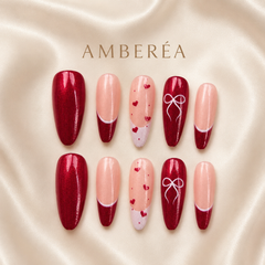 Burgundy Bow Heart French Press-On Nails
