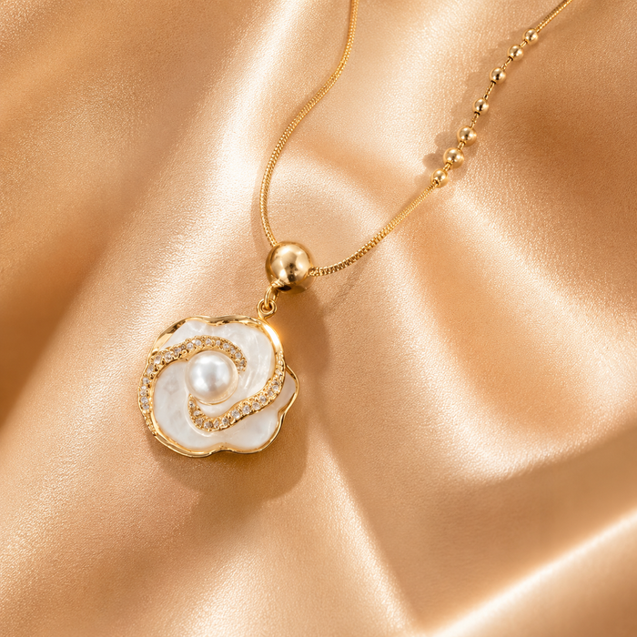 Gold Pearl Flower Pendant Necklace | Bridal Floral Necklace for Women