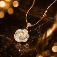 Gold Pearl Flower Pendant Necklace | Bridal Floral Necklace for Women