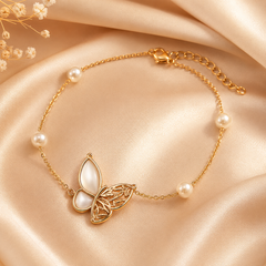 Gold Butterfly Pearl Bracelet | Dainty Bridal Bracelet for Women