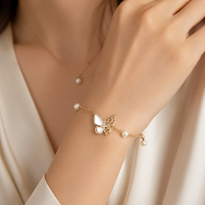 Gold Butterfly Pearl Bracelet | Dainty Bridal Bracelet for Women