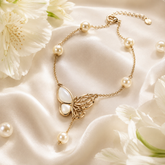 Gold Butterfly Pearl Bracelet | Dainty Bridal Bracelet for Women