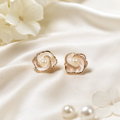 Gold Pearl Flower Stud Earrings | Bridal Crystal Floral Earrings