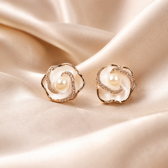Gold Pearl Flower Stud Earrings | Bridal Crystal Floral Earrings
