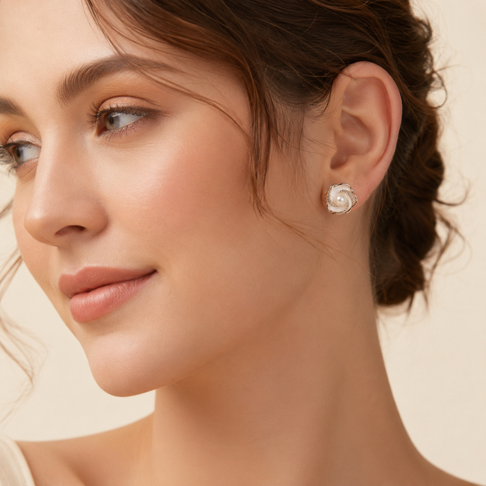 Gold Pearl Flower Stud Earrings | Bridal Crystal Floral Earrings