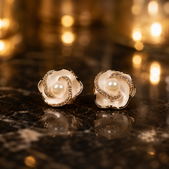 Gold Pearl Flower Stud Earrings | Bridal Crystal Floral Earrings