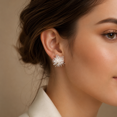 Silver Flower Stud Earrings | Bridal Starburst Statement Earrings