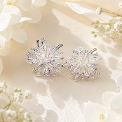 Silver Flower Stud Earrings | Bridal Starburst Statement Earrings