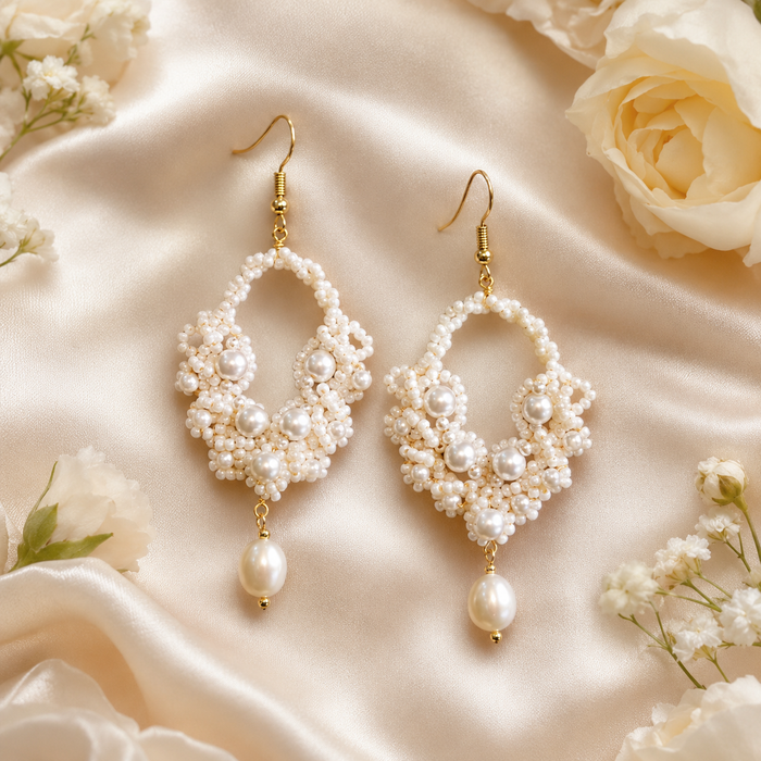 Handmade Pearl Beaded Drop Earrings | Bridal Dangle Earrings