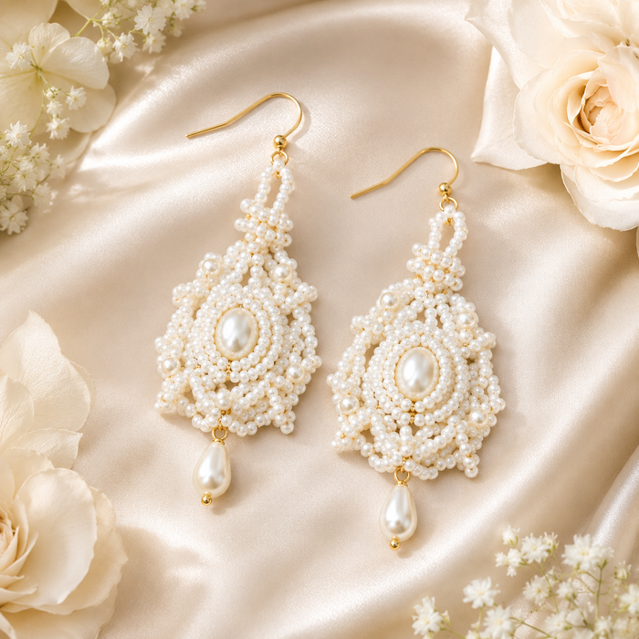 Handmade Pearl Beaded Drop Earrings | Bridal Pearl Statement Earrings