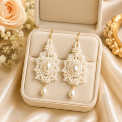 Handmade Pearl Beaded Drop Earrings | Bridal Pearl Statement Earrings
