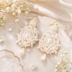 Handmade Pearl Beaded Drop Earrings | Bridal Pearl Statement Earrings