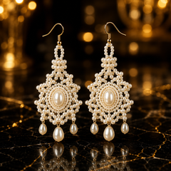 Handmade Pearl Beaded Drop Earrings | Bridal Pearl Statement Earrings