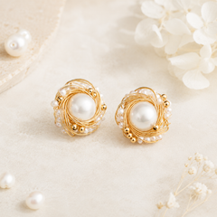 Gold Wire Wrapped Pearl Stud Earrings | Bridal Pearl Earrings