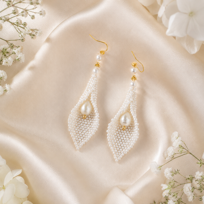 Handmade Pearl Beaded Leaf Drop Earrings | Bridal Long Dangle Earrings