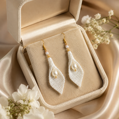 Handmade Pearl Beaded Leaf Drop Earrings | Bridal Long Dangle Earrings