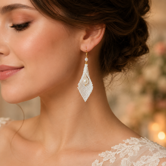 Handmade Pearl Beaded Leaf Drop Earrings | Bridal Long Dangle Earrings