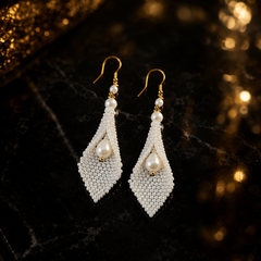 Handmade Pearl Beaded Leaf Drop Earrings | Bridal Long Dangle Earrings