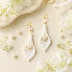 Handmade Pearl Beaded Leaf Drop Earrings | Bridal Long Dangle Earrings