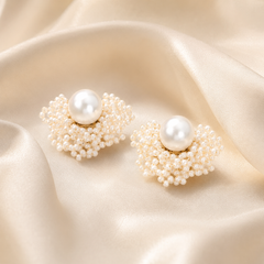 Handmade Pearl Beaded Flower Stud Earrings | Bridal Pearl Earrings