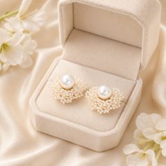 Handmade Pearl Beaded Flower Stud Earrings | Bridal Pearl Earrings