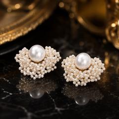 Handmade Pearl Beaded Flower Stud Earrings | Bridal Pearl Earrings