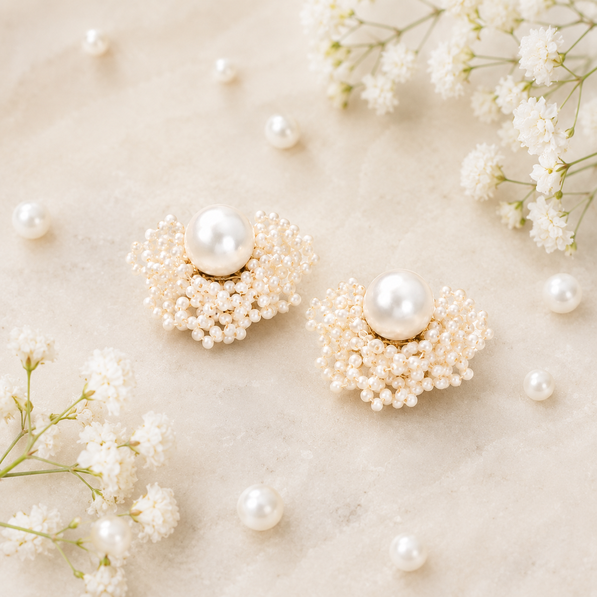 Handmade Pearl Beaded Flower Stud Earrings | Bridal Pearl Earrings