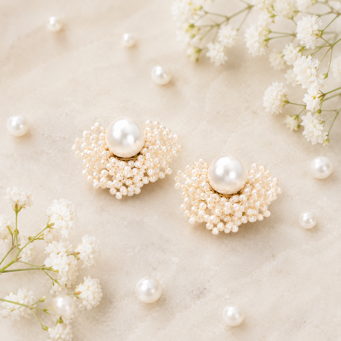 Handmade Pearl Beaded Flower Stud Earrings | Bridal Pearl Earrings