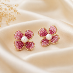Pink Crystal Flower Stud Earrings | Gold Floral Bridal Earrings