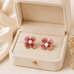 Pink Crystal Flower Stud Earrings | Gold Floral Bridal Earrings